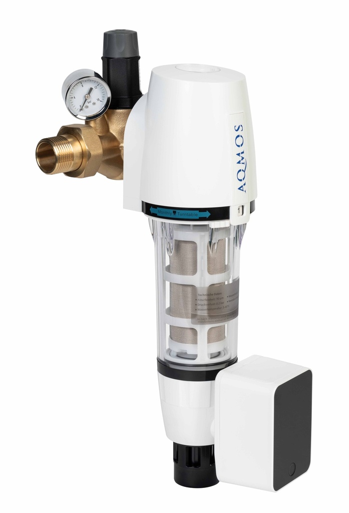 AQMOS Terugspoelfilter 1" automatisch met terugspoelfiltermeter, drukregelaar en manometer zijaanzicht