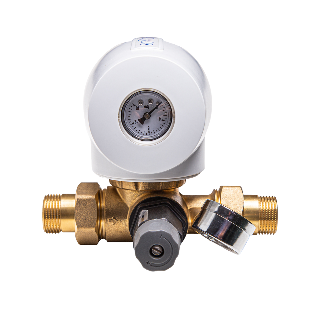 Terugspoelfilter 1" AQMOS met drukregelaar en manometer bovenaanzicht